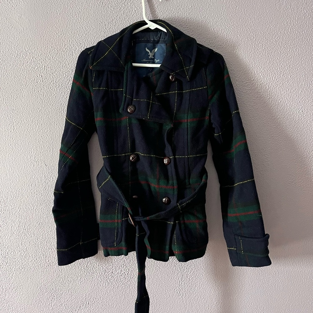 American Eagle Outfitters Dark Plaid Trench Coat